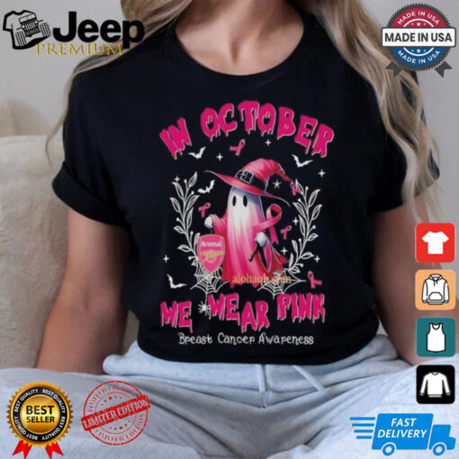 Official EPL Arsenal In October We Wear Pink Ghost Witch Breast Cancer Awareness T Shirt