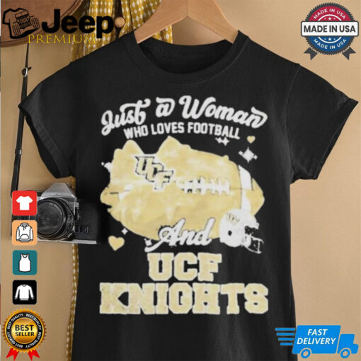 Official Just A Woman Who Loves Football And UCF Knights Helmet Shirt