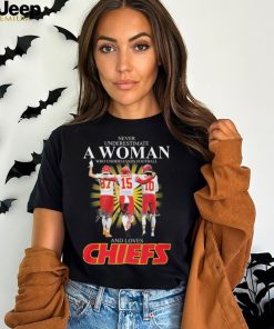 Official Kansas City Chiefs Never Underestimate A Woman Who Understands Football And Loves Kelce Mahomes And Pacheco Signatures Shirt