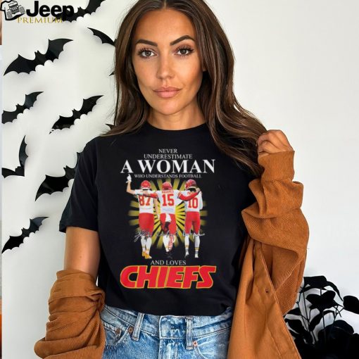 Official Kansas City Chiefs Never Underestimate A Woman Who Understands Football And Loves Kelce Mahomes And Pacheco Signatures Shirt