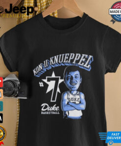 Official Kon Knueppel Duke Blue Devils Basketball Kon II Knueppel Cartoon t-shirt featuring a playful cartoon design of Kon Knueppel and Duke Blue Devils basketball team graphics.