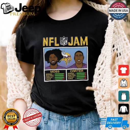 Official NFL Jam Homage Randy Moss and Cris Carter Purple Minnesota Vikings Retired t shirt