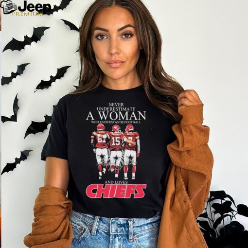 Official Never Underestimate A Woman Who Understands Football And Loves Kansas City Chiefs Kelce Mahomes And Butker Signatures Shirt