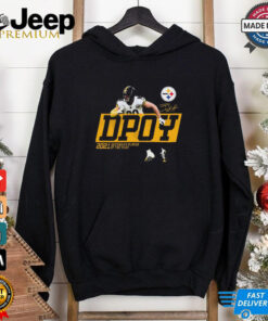 Official Pittsburgh Steelers NFL #90 T.J. Watt 2021 Defensive Player of the Year signature t-shirt, celebrating Watt's achievement with a bold design, perfect for Steelers fans and NFL enthusiasts.