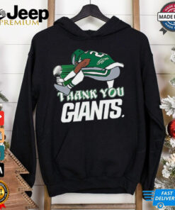 Official Saquon Barkley Backwards Hurdle Super Bowl Thank You Giants shirt featuring a dynamic design highlighting Barkley's iconic backwards hurdle play, with bold text thanking the New York Giants for the memorable moments, including a Super Bowl tribute. Perfect for dedicated fans!