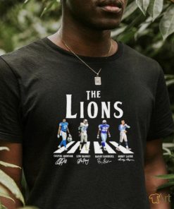 Official The Lions Abbey Road Calvin Johnson Lem Barney Barry Sanders And Bobby Layne Signatures Shirt