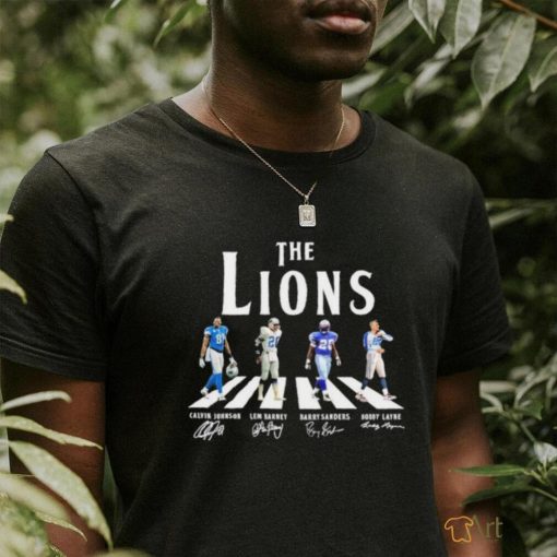 Official The Lions Abbey Road Calvin Johnson Lem Barney Barry Sanders And Bobby Layne Signatures Shirt