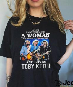 Official never Underestimate A Woman Who Listen To Country Music And Loves Toby Keith 1961 2024 Signature Shirt