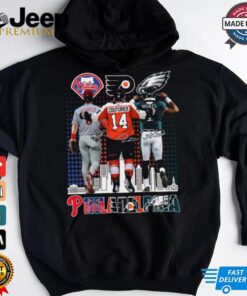 Original Philadelphia Phillies, Flyers, And Eagles Sean Couturier, Bryce Harper, Jalen Hurts Signatures 2024 T shirt