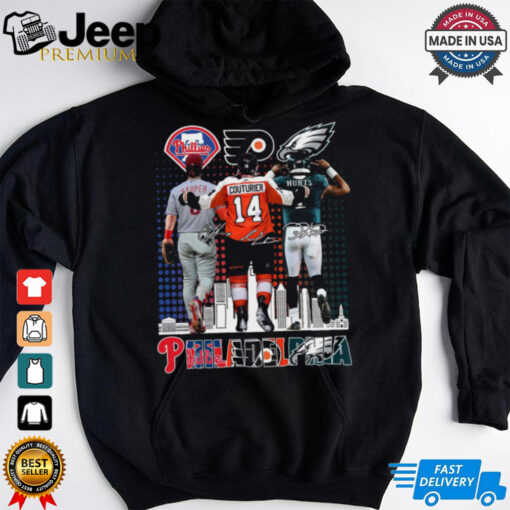 Original Philadelphia Phillies, Flyers, And Eagles Sean Couturier, Bryce Harper, Jalen Hurts Signatures 2024 T shirt