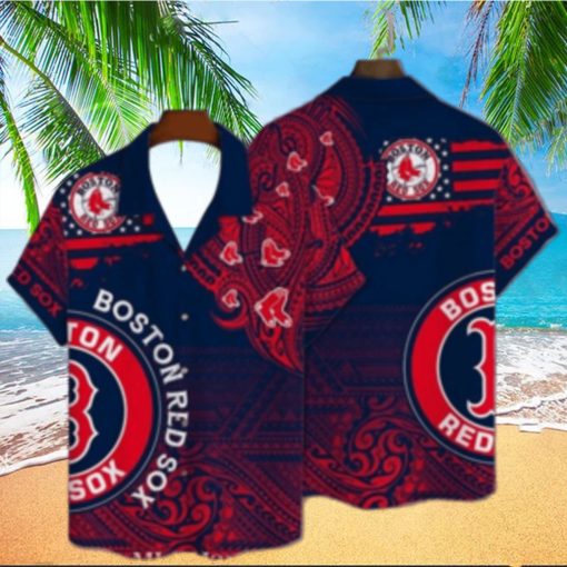 Ornate Boston Red Sox Tribal Hawaiian Shirt In Red And Blue