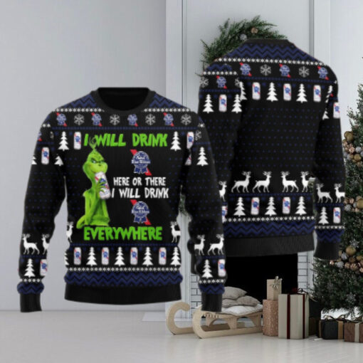 Pabst Blue Ribbon Grinch Will Drink Everywhere Ugly Sweater