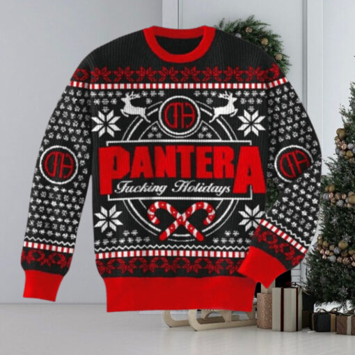 Pantera Fucking Holidays Candy Crane With Snowflakes Pattern Knitted Ugly Christmas Sweater