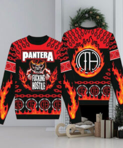 Pantera Fucking Hostile Skeleton With Flame Pattern Knitted Holiday Ugly Christmas Sweater