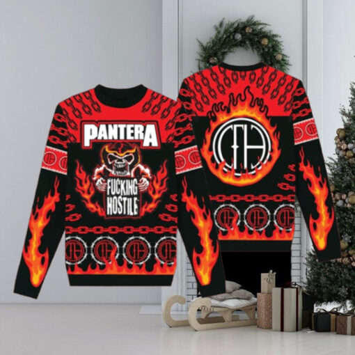 Pantera Fucking Hostile Skeleton With Flame Pattern Knitted Holiday Ugly Christmas Sweater