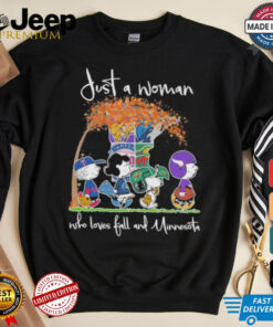 Peanuts Characters Abbey Road Just A Woman Who Loves Fall And Minnesota Sports Teams shirt