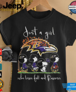 Peanuts Characters Just A Girl Who Loves Fall And Baltimore Ravens 2024 Shirt