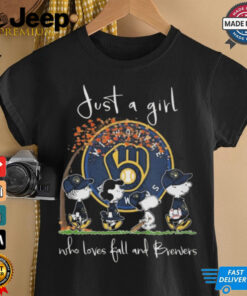 Peanuts Characters Just A Girl Who Loves Fall And Brewers 2024 Shirt