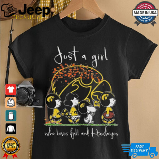 Peanuts Characters Just A Girl Who Loves Fall And Iowa Hawkeyes 2024 Shirt