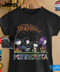 Peanuts Characters Just A Girl Who Loves Fall And Minnesota Vikings Twins Timberwolves Wild 2024 Shirt