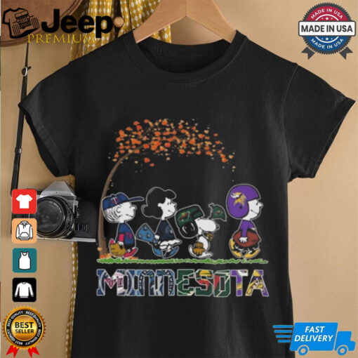 Peanuts Characters Just A Girl Who Loves Fall And Minnesota Vikings Twins Timberwolves Wild 2024 Shirt