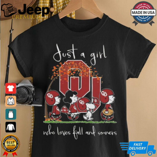 Peanuts Characters Just A Girl Who Loves fall And Oklahoma Sooners 2024 Shirt