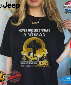 Peanuts Characters Never Underestimate A Woman Who Believes In Jesus And Loves Iowa Hawkeyes Shirt