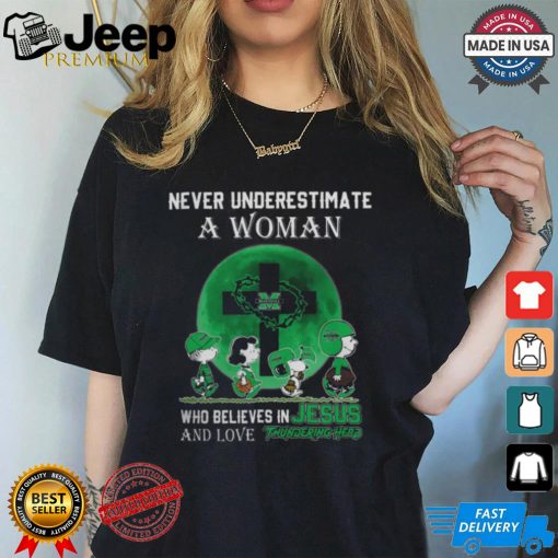 Peanuts Characters Never Underestimate A Woman Who Believes In Jesus And Loves Marshall Thundering Herd Shirt