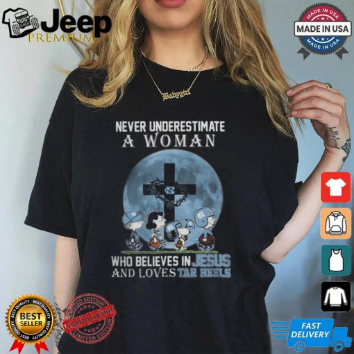 Peanuts Characters Never Underestimate A Woman Who Believes In Jesus And Loves North Carolina Tar Heels Shirt