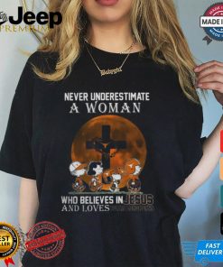 Peanuts Characters Never Underestimate A Woman Who Believes In Jesus And Loves Texas Longhorns Shirt