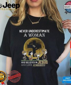 Peanuts Characters Never Underestimate A Woman Who Believes In Jesus And Loves UCF Knights Shirt