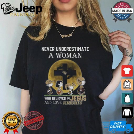 Peanuts Characters Never Underestimate A Woman Who Believes In Jesus And Loves UCF Knights Shirt