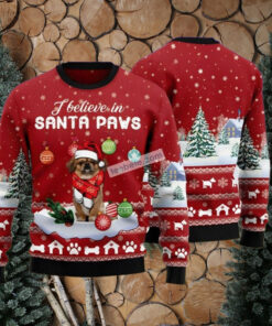 Pekingese I Believe In Santa Paws Red Christmas Vacation Sweater