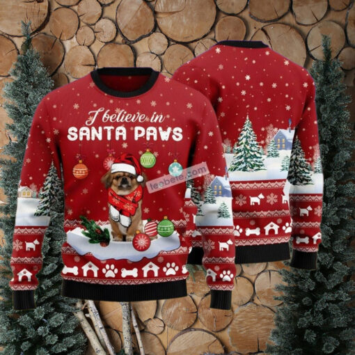 Pekingese I Believe In Santa Paws Red Christmas Vacation Sweater