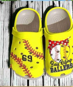 Personalized Busy Raising Ballers Softball Baseball Mom Yellow Crocs