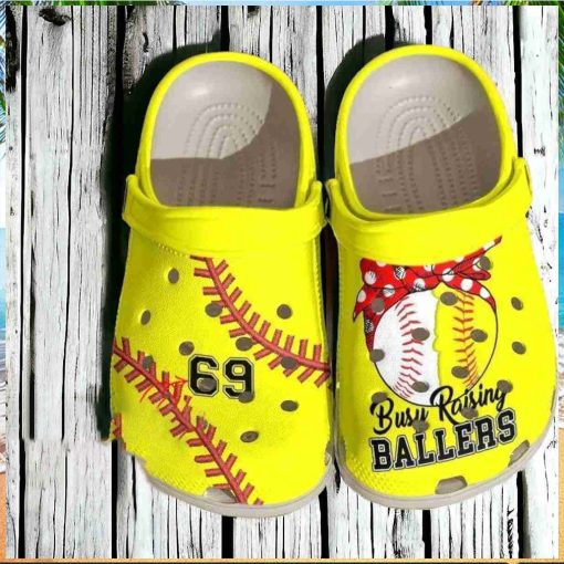 Personalized Busy Raising Ballers Softball Baseball Mom Yellow Crocs