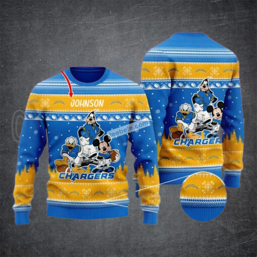 Personalized Donald Mickey Mouse Goofy Los Angeles Chargers Blue Ugly Xmas Sweater