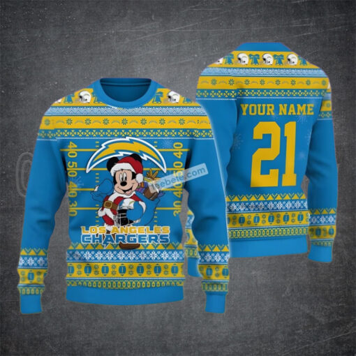 Personalized Mickey Mouse Santa Los Angeles Chargers Blue Cool Ugly Christmas Sweater