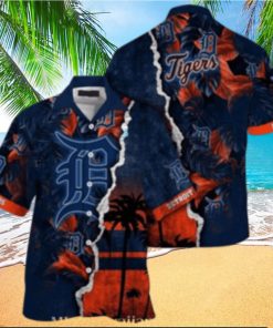 Personalized Sunset Palms Detroit Tigers Navy Aloha Shirt