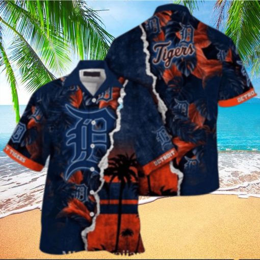 Personalized Sunset Palms Detroit Tigers Navy Aloha Shirt