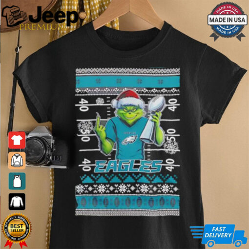 Philadelphia Eagles X Grinch Christmas with Super Bowl Trophy ugly Christmas shirt