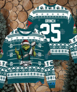 Philadelphia Eagles x Grinch Christmas Dr. Seuss How the Grinch Stole Christmas with Super Bowl Trophy Custom Ugly Christmas Sweater