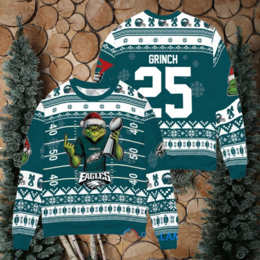 Philadelphia Eagles x Grinch Christmas Dr. Seuss How the Grinch Stole Christmas with Super Bowl Trophy Custom Ugly Christmas Sweater