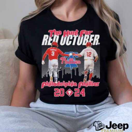 Philadelphia Phillies The Hunt For Red October 2024 Baseball League Harper and Schwarber Signatures t shirt