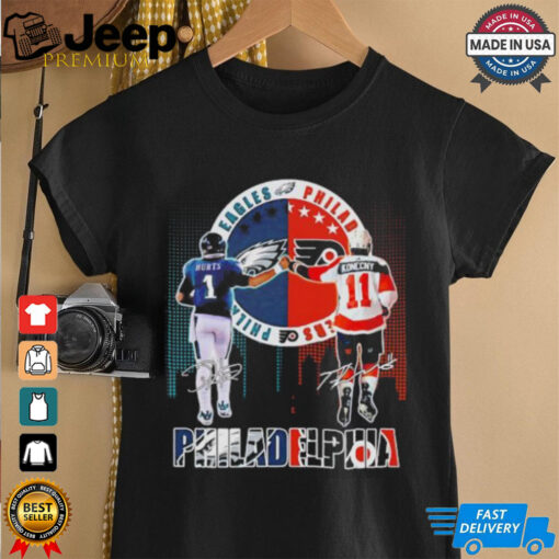 Philadelphia city skyline Hurts Philadelphia Eagles and Konecny Philadelphia Flyers signature shirt