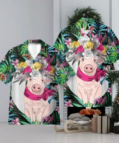 Pig With Flower Hair Wreath Tropical Pattern 3D Hawaiian Shirt Holiday Gift