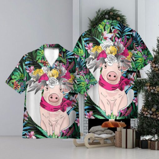 Pig With Flower Hair Wreath Tropical Pattern 3D Hawaiian Shirt Holiday Gift