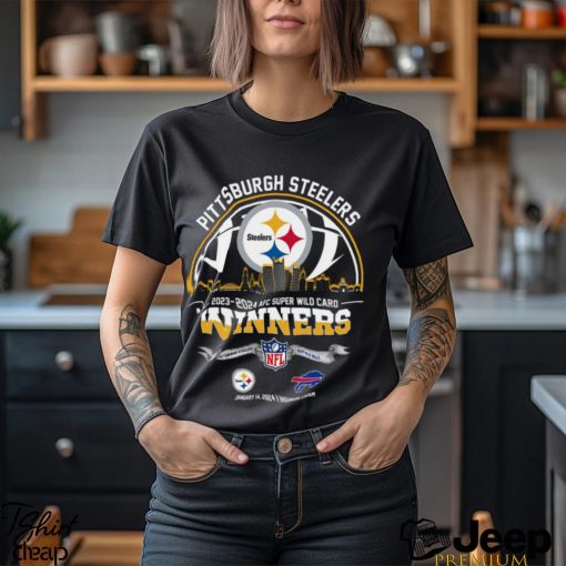 Pittsburg Steelers 2023 2024 AFC Super Wild Card Winners Skyline NFL Playoffs Divisional January 14 2024 At Highmark Stadium T Shirt