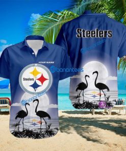 Pittsburgh Steelers NFL Team With Flamingo Moon Pattern Button Down Hawaiian Shirt For Big Fans Custom Name