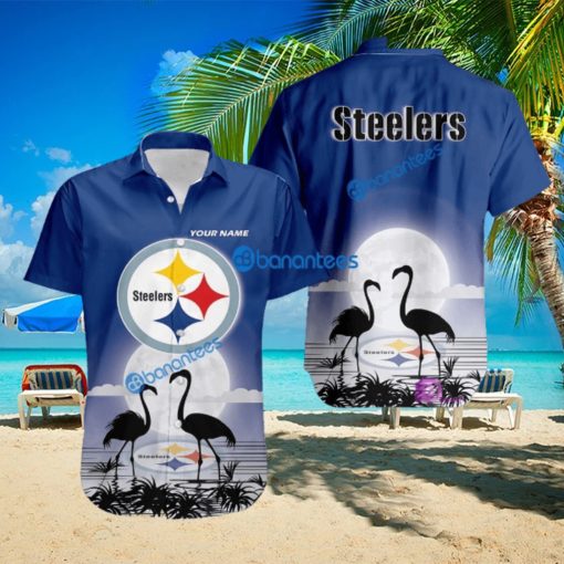 Pittsburgh Steelers NFL Team With Flamingo Moon Pattern Button Down Hawaiian Shirt For Big Fans Custom Name